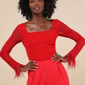 Lulus Effortlessly Luxe Red Feather Long Sleeve Bodysuit
